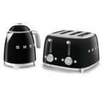 50’s Style Retro Range Breakfast Set, 0.8L 1400W Mini Kettle and Multi-Functional Control 4-Slice 2000W Toaster, Black, KLF05BLUK/ TSF03BLUK
