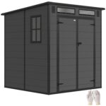 6 x 6 ft Plastic Garden Shed with Floor, Wood-Effect Outdoor Storage Shed, Three Windows, Lockable Doors and Vents, for Tools, Bike, Generator, Dark Grey