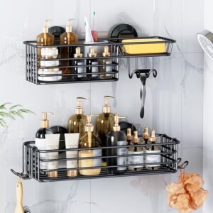 LEVERLOC Shower Caddy Suction Cup Suction Cup Shower Caddy 2-Pack with Hooks & Soap Holder – Black